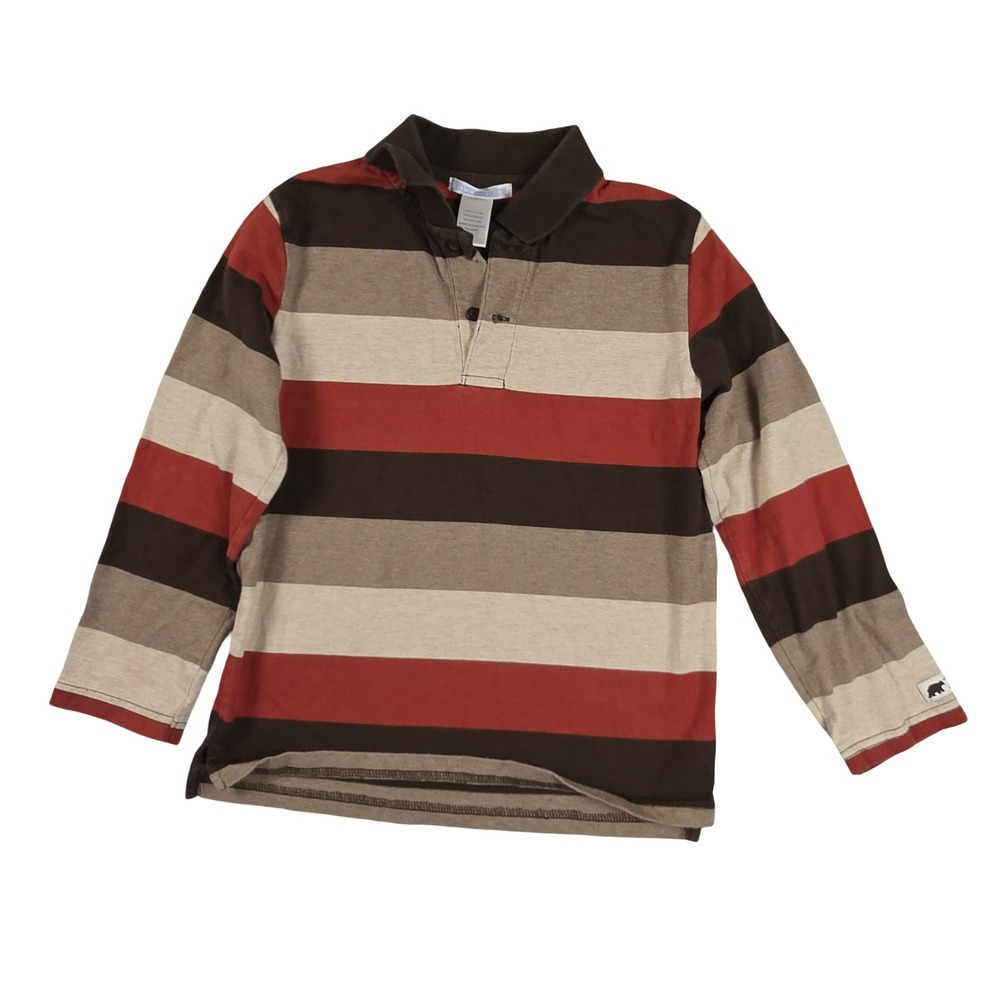 Janie and Jack Boys Brown Red Striped Long Sleeve Polo Shirt Size 6 Bear Logo